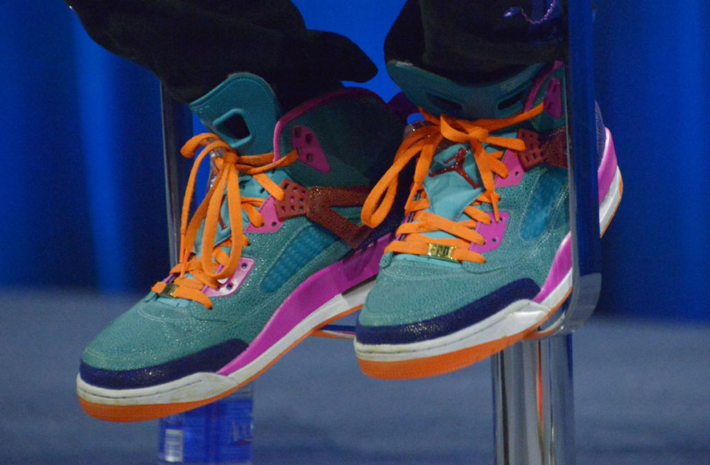 Feb 4, 2016; San Francisco, CA, USA; Detailed view of the shoes of recording artist Chris Martin of Coldplay during the Super Bowl 50 halftime show press conference at Moscone Center. Mandatory Credit: Kirby Lee-USA TODAY Sports